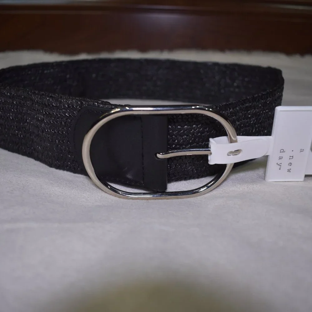 A New Day Black Woven Stretch Belt – Size Large Silver Buckle